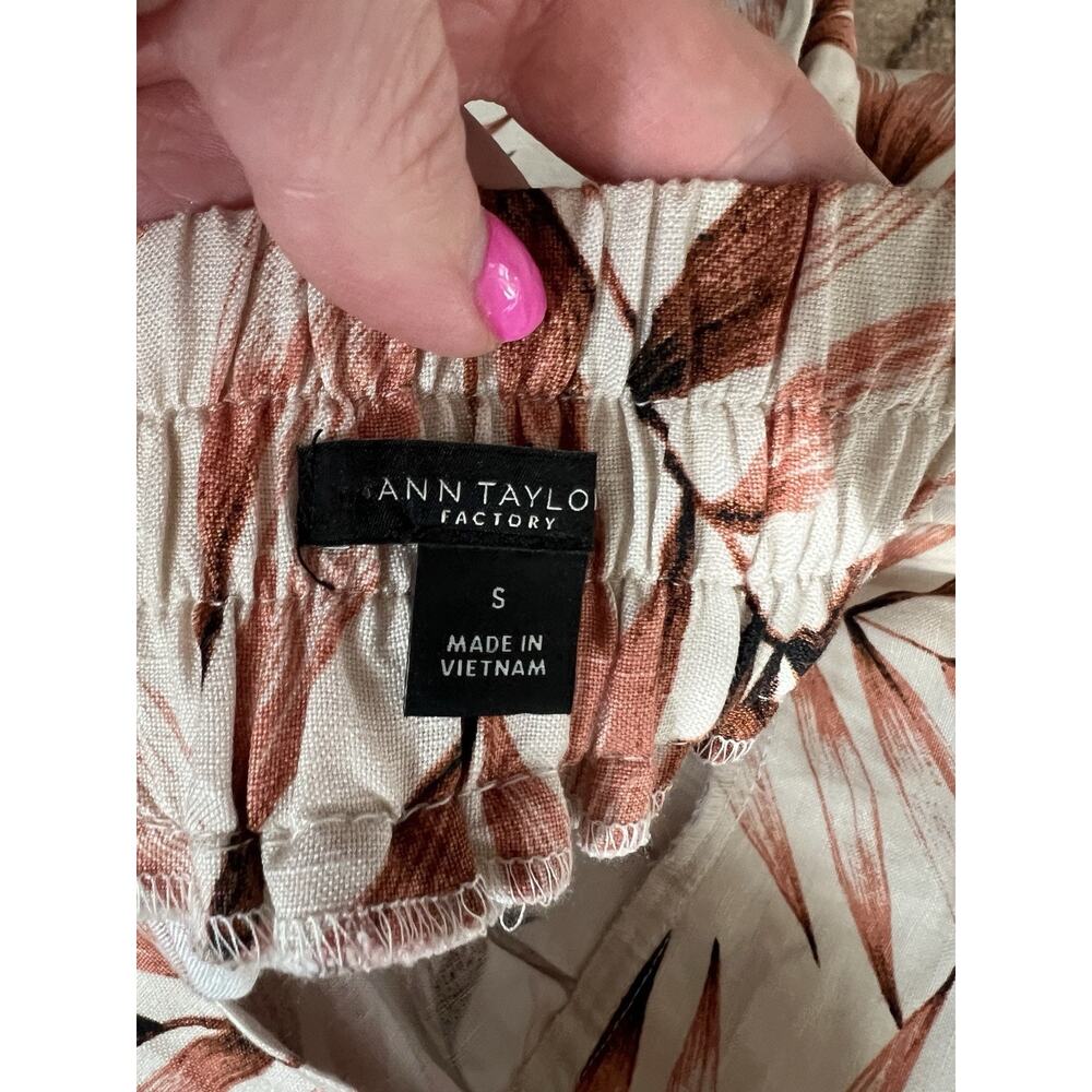ANN TAYLOR Linen Blend Pearl Sand Tropical Leaf Print Tie Waist Midi Skirt Sz S - Picture 8 of 11